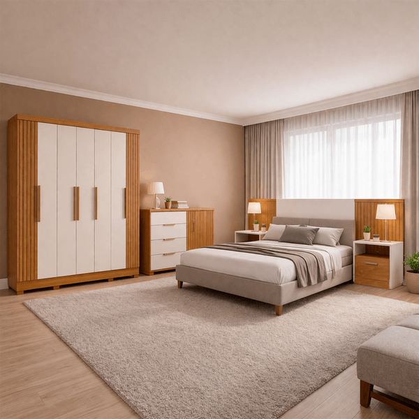Quarto Casal Guarda-Roupa 8 portas com Cômoda 4 gavetas Moval e Cabeceira Caemmun
